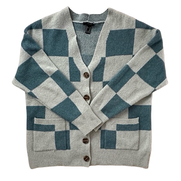 FOREVER 21 Women’s Knit Sweater Size M Button-down Blue Cardigan Plaid - Picture 2 of 8